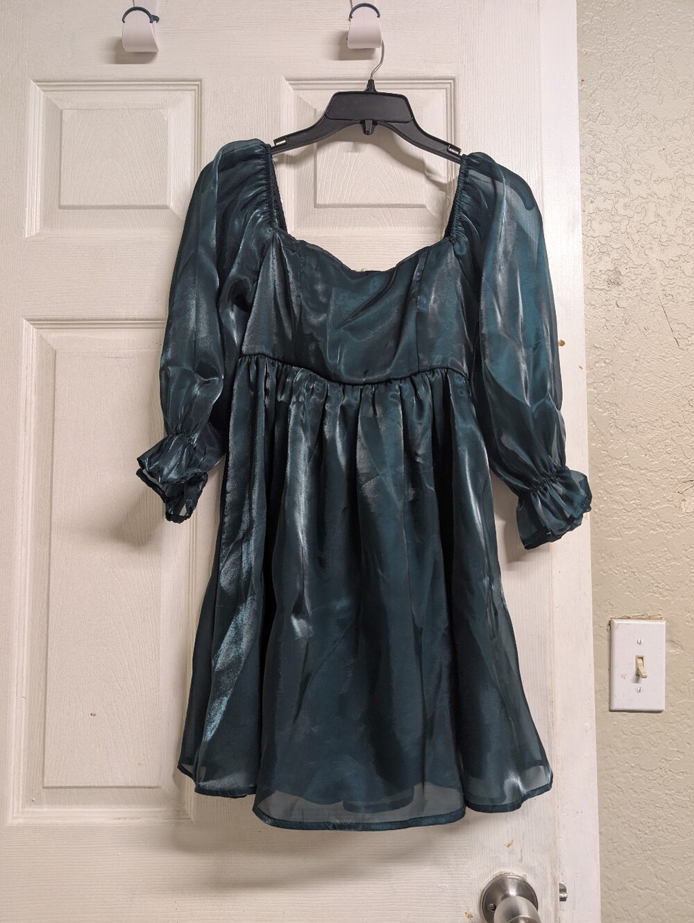 Satin Peasant Tunic Dress in Teal Green